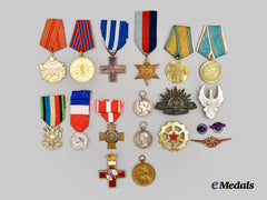 Australia, Bulgaria, France, Hungary, Italy, Poland, Romania, Spain, United Kingdom, Yugoslavia. Lot of Thirteen Medals, Four Badges and Two Rosettes