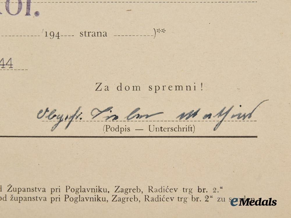 croatia,_independent_state._a_document_confirming_the_receipt_of_the_medal_of_poglavnik_ante_pavelić_for_bravery_to_obergefreiter_tieber_mathias___m_n_c2307