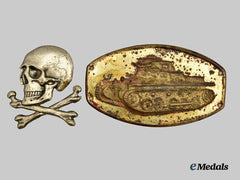 Spain, Spanish State. A Black Brigade Skull Cap Badge and Armoured Breast Badge, c.1935