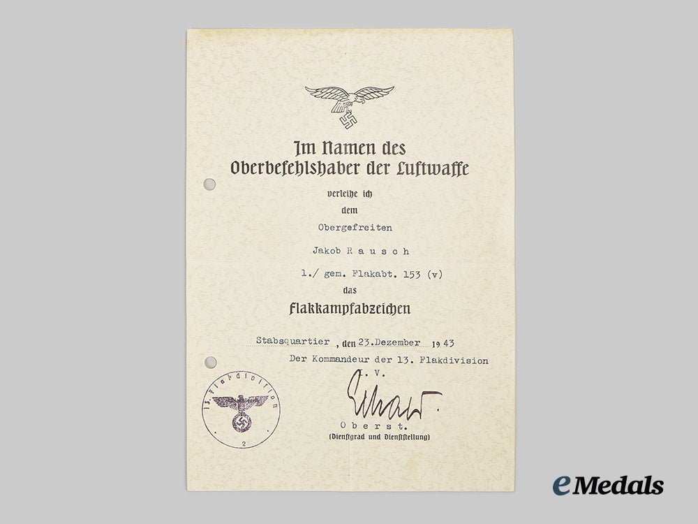 germany,_luftwaffe._a_flak_badge,_with_award_document,_to_obergefreiter_jakob_rausch_ai1_8041_1