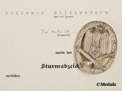 Germany, Heer. A General Assault Badge, With Award Document, To Wachtmeister Waldemar Güldenstern