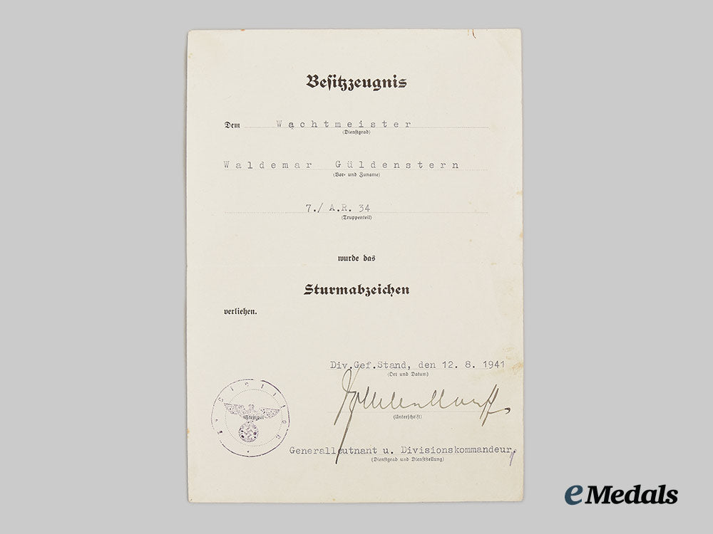 germany,_heer._a_general_assault_badge,_with_award_document,_to_wachtmeister_waldemar_güldenstern_ai1_8057