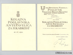 Award Document For Silver Bravery Medal For Anti-Partisan Action