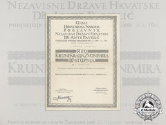 A Formal Croatian Document For The Award Of The King Zvonimir Order; Third Class With Swords