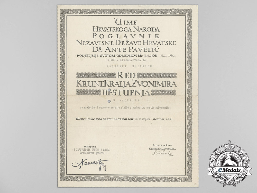 a_formal_croatian_document_for_the_award_of_the_king_zvonimir_order;_third_class_with_swords_b_9588