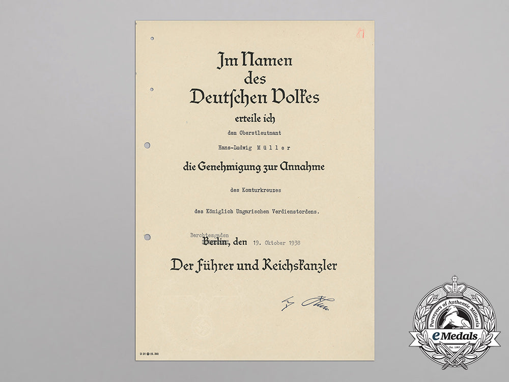 germany,_heer._a_hungarian_merit_order_award_document_to_lieutenant_colonel_hans-_ludwig_müller_bb_4239