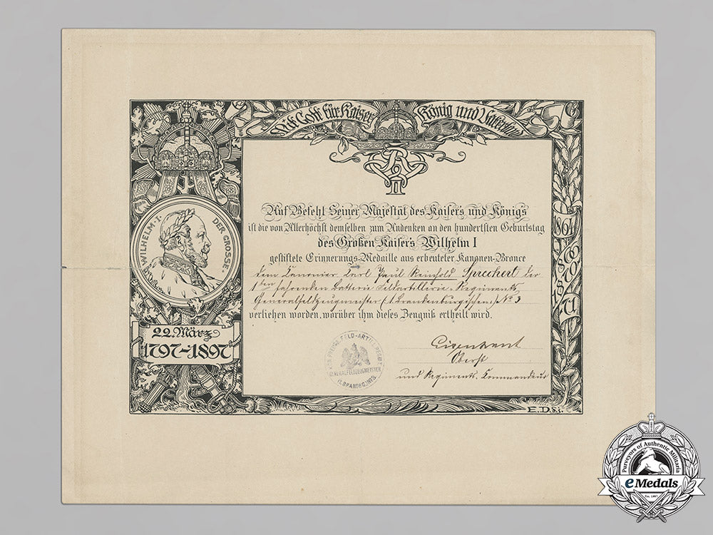 germany,_imperial._an_emperor_wilhelm_centenary_medal_document_to_gunner_reinhold_sprechert,_field_artillery,1897_c18-020449