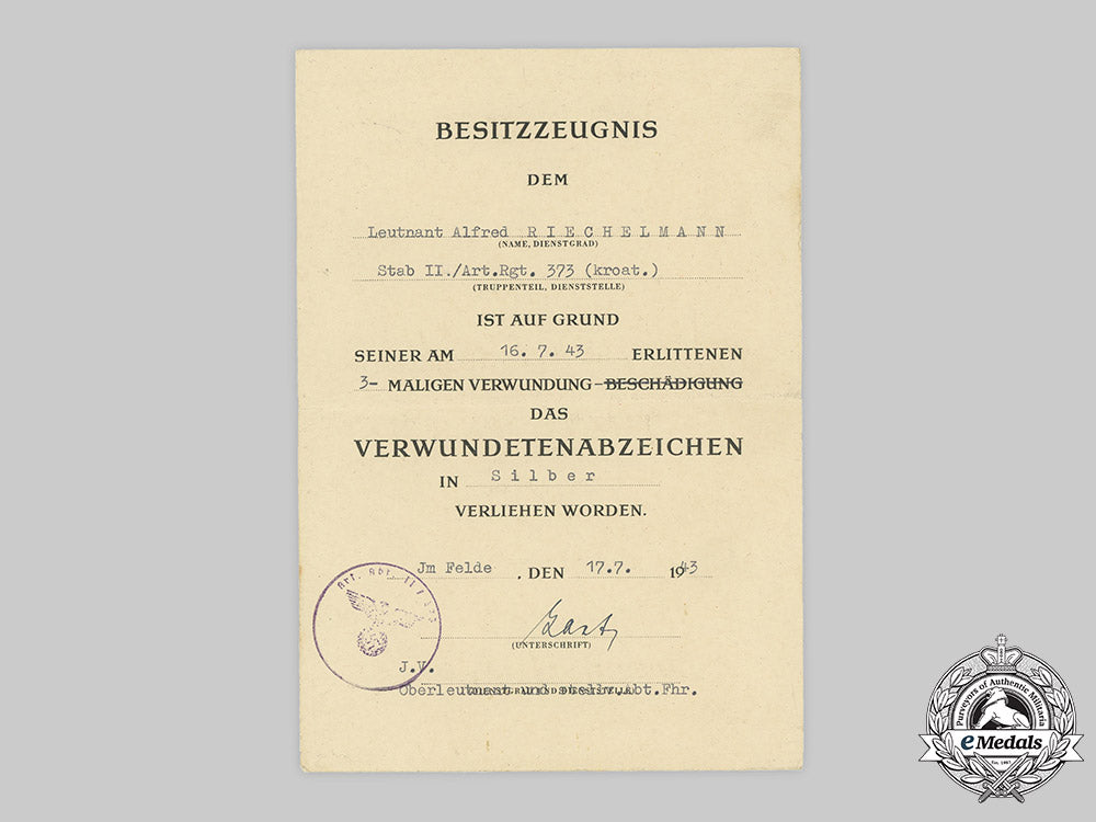 germany,_heer._a_silver_grade_wound_badge_award_document_to_leutnant_alfred_riechelmann,_anti-_partisan_unit_c2020_314emd_025_1_1