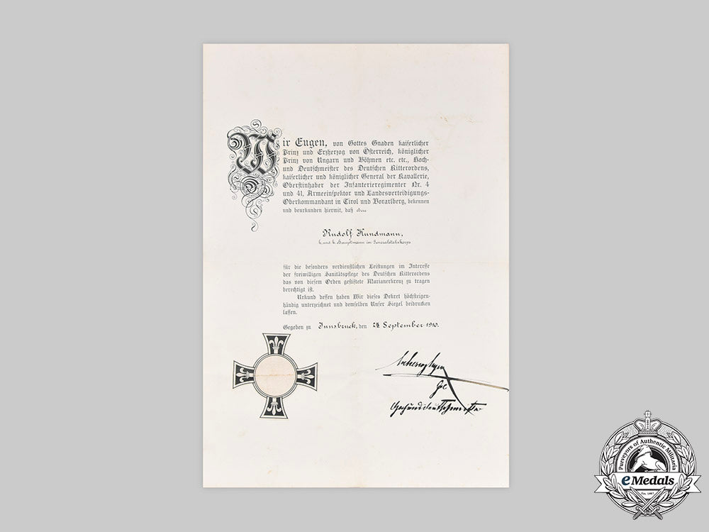 austria,_imperial._a_teutonic_order_marian_cross_award_document_to_hauptmann_kundmann,1910_c2020_728_mnc7122