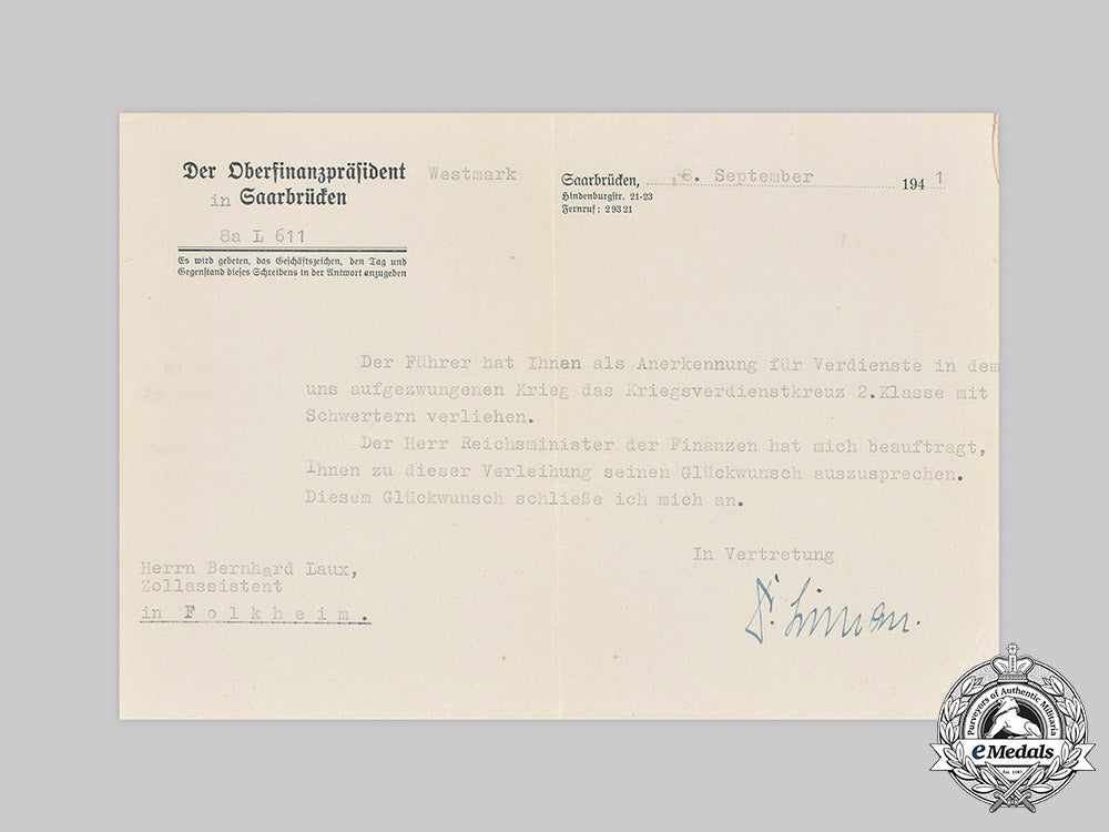 germany,_customs._a_war_merit_cross2_nd_class_with_swords_certificate_and_accompanying_letter_to_customs_assistant_laux_c20774_mnc6012