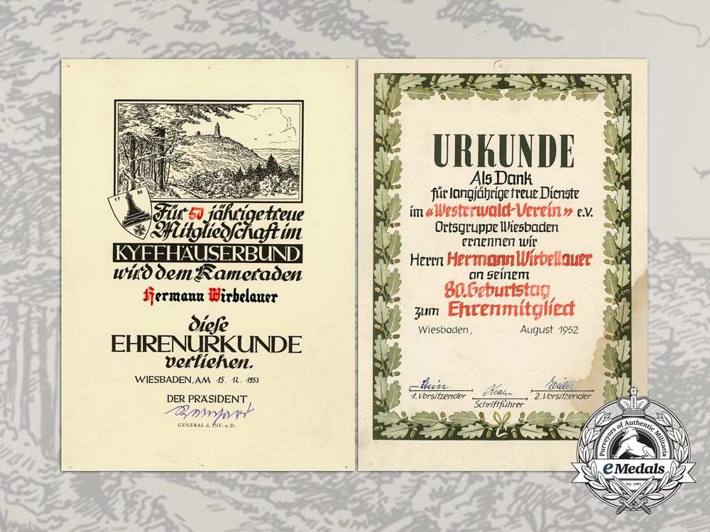 two_certificates_westerwald-_verein&_kyffhäuserbund_hermann_wirbelauer,_c_2103