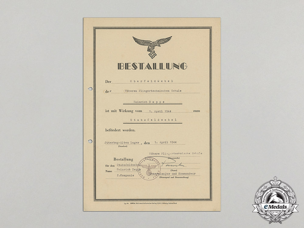 a1944_promotion_document_to_luftwaffe_stabsfeldwebel_heinrich_deppe_cc_3322_1__2
