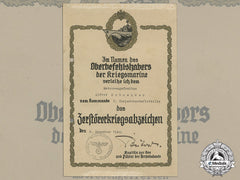 A 1940 Destroyer War Badge Award Document To 2Nd Torpedo Boat Flotilla
