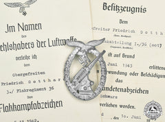 Germany, Luftwaffe. A Flak Badge With Award Documents, To Obergefreiter Frierich Gotthardt