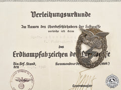 Germany, Luftwaffe. A Ground Assault Badge With Award Document, To Obergefreiter Friedrich Almendinger