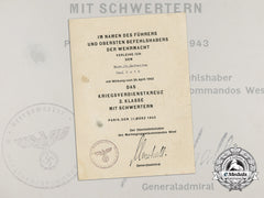 A Kriegsmarine Document For War Merit Cross 2Nd Class Signed By Plm Recipient