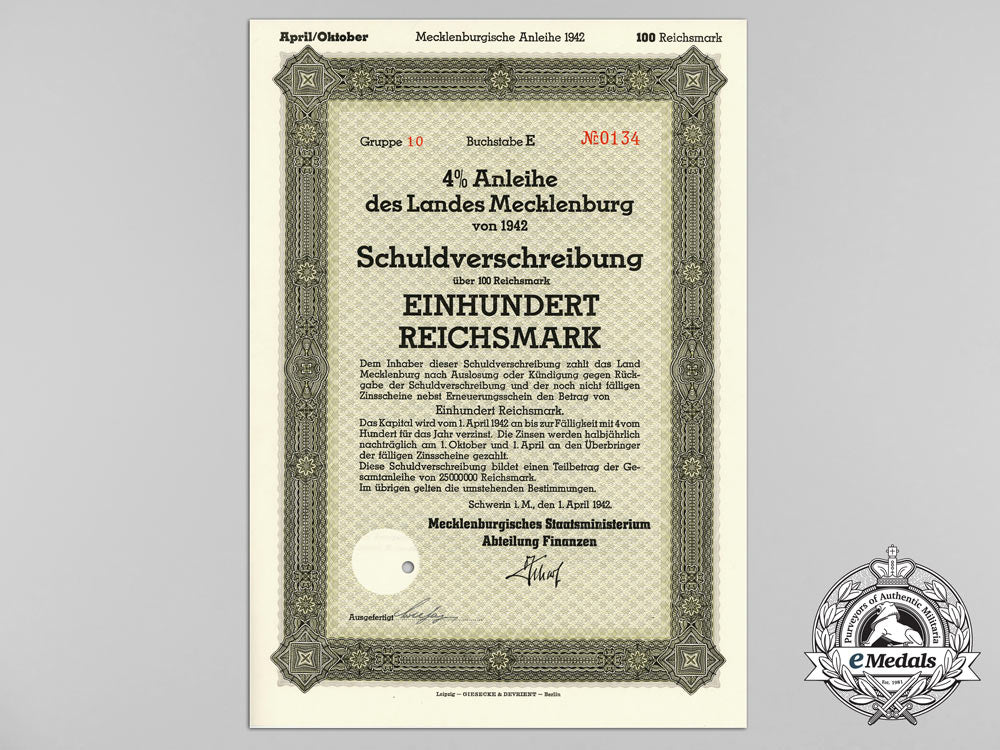 a1942_german_state_debenture_bond_mecklenburg100_reichsmark_d_1090