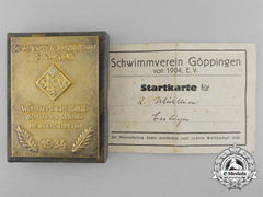 A 1934 Würtemberg Swimming And Diving Championship Award With Document & Box