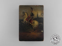 A Napoleonic Period Hand Painted Wooden Box Depicting A Prussian Cavalry Rider