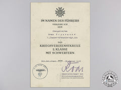 A War Merit Cross 2Nd Class With Swords Document To 1./Panzer-Grenadier-Rgt.104, 1945