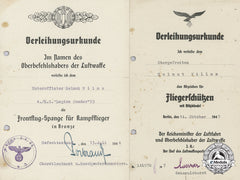 Two Award Documents To Unteroffizier Helmut Wilms; “Legion Condor”