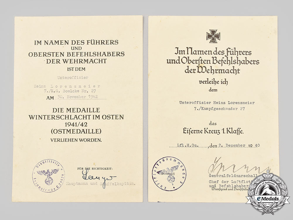 germany,_luftwaffe._a_lot_of_award_documents_to_unteroffizier_heinz_lorenzmeier,_kampfgeschwader27_l22_mnc6689_262_1_1_1