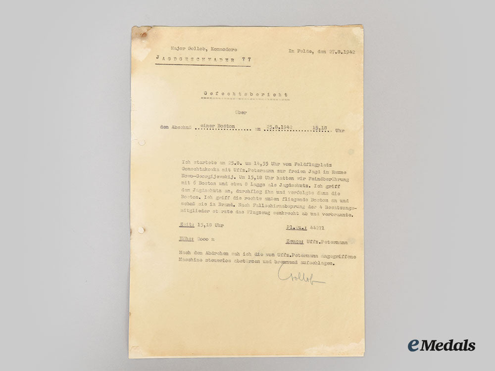 germany,_luftwaffe._a1942_hand-_signed_report_on_the_downing_of_an_allied_bomber_by_fighter_ace_gordon_gollob_l22_mnc7208_666_1