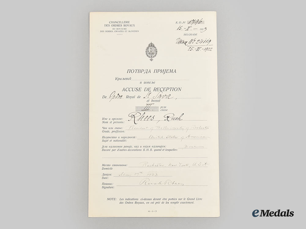 yugoslavia,_kingdom._an_order_of_st._sava_award_document,_iii_class_to_rush_rhees,_president_of_the_university_of_rochester,1923_l22_mnc9500_097_1