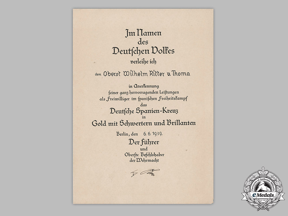 germany,_condor_legion._the_spanish_cross_in_gold_with_swords&_diamonds_award_document_to_oberst_thoma_m19_10245