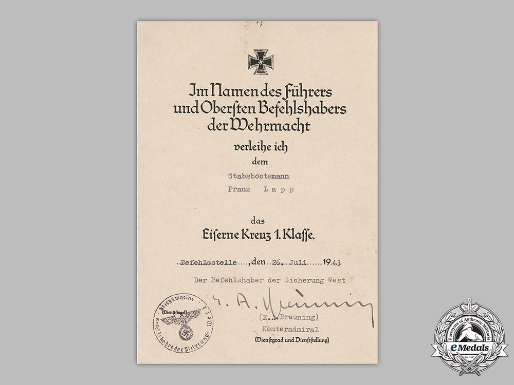 germany,_kriegsmarine._an_award_document_for_an_iron_cross,_i_class,_to_stabsbootsmann_franz_lapp,_c.1943_m19_4735