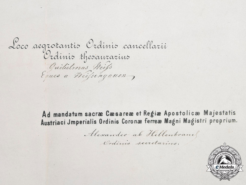 austria,_imperial._a_large_order_of_the_iron_crown_iii_class_knight’s_cross_certificate_in_latin_to_bank_director,1885_m20_1354_mnc3437