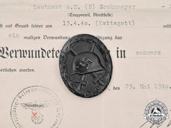 Germany, Kriegsmarine. A Black Grade Wound Badge With Document, To Leutnant Zur See S. Grohnmeyer