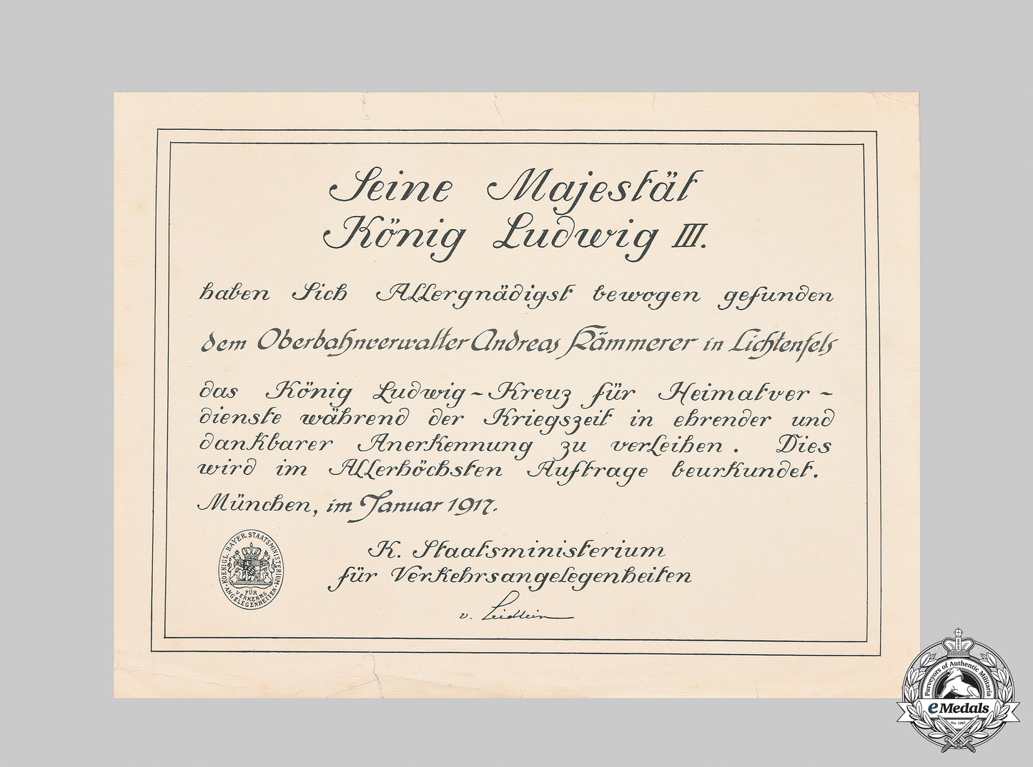 germany,_imperial._a_bavarian_king_ludwig_cross_document_to_senior_railway_administrator_kämmerer,1917__mnc2004_m20_0829