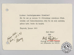 A Signed Thank You Card From District Leader (Gauleiter) Fritz Wächtler Of Bayreuth To District Leader 1943