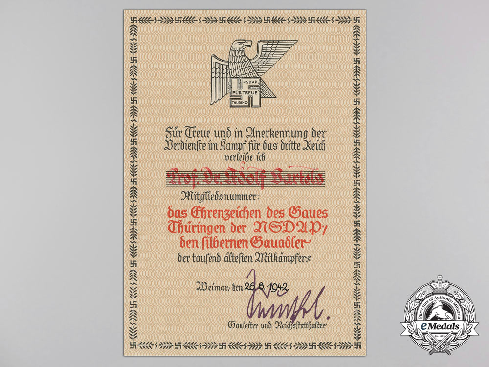 an_award_document_for_gau_honor_badge_thüringen_to_prof._dr._adolf_bartels_q_854_1