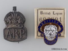 Wwii Air Raid Precautionary (Arp) Service And British Legion Badges