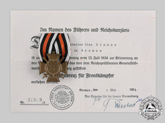 Germany, Third Reich. An Honour Cross Of The World War 1914/1918, With Award Document To Otto Sinner, C. 1935