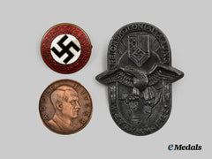 Germany, Third Reich. A Lot of Three Pins, Badges, and Commemorative Coins