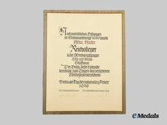 Germany, HJ. A Rare Award Document for a 1939 National Trade Competition Victor’s Award Document to Heinz Harder