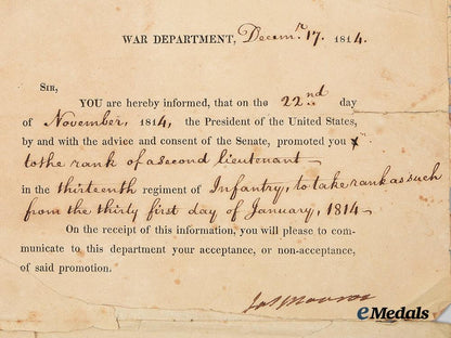 united_states._an1814_war_department_promotional_document_signed_by5th_u._s._president_james_monroe__a_i1_5259