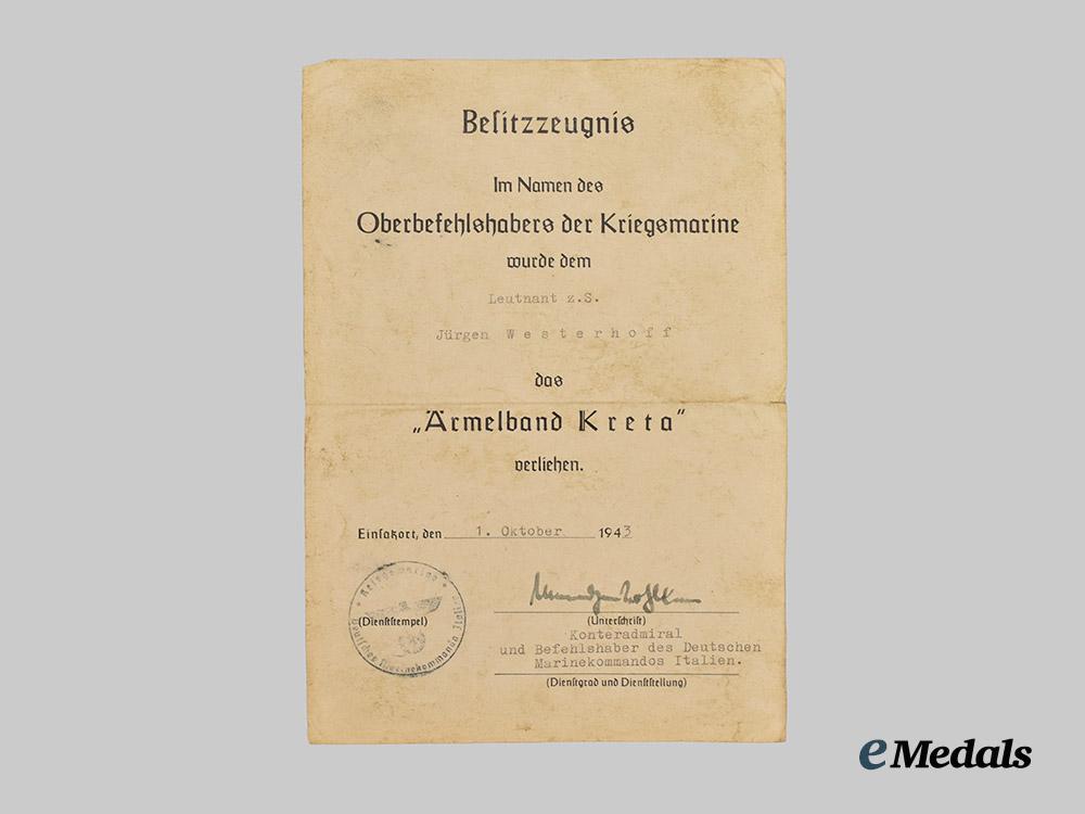 germany,_kriegsmarine._a_kreta_cuff_title_award_document_to_leutnant_zur_see_jürgen,_naval_intelligence___m_n_c0025