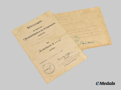 Germany, Kriegsmarine. A Kreta Cuff Title Award Document to Leutnant zur See Jürgen, Naval Intelligence
