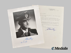 Germany, Kriegsmarine. A Post-War Signed Photo of Großadmiral Karl Dönitz, with Letter to Roger J. Bender