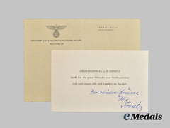 Germany, Third Reich. A Signed Großadmiral Karl Dönitz Greeting, with Reich Chancellery Stationery