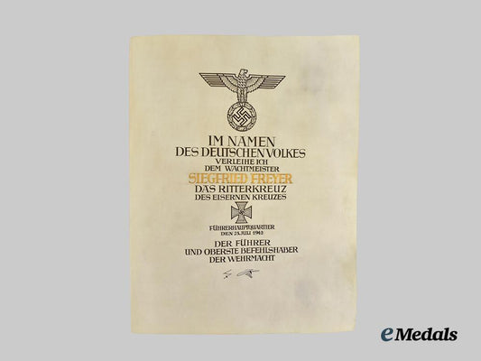 germany,_third_reich._a_knight’s_cross_of_the_iron_cross1939_award_document_to_sergeant_siegried_freyer___m_n_c1066