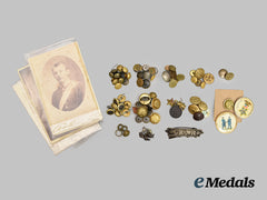 United States. Seventy-Six Veterans Uniform Buttons, Lapel Badges, Insignia and Three Photographs, c. Nineteenth Century
