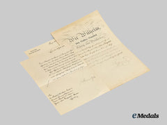 Germany, Empire. A Group of Award and Supplemental Documents for an Order of the Crown I. Class to Fedor von Drigalski-Pascha