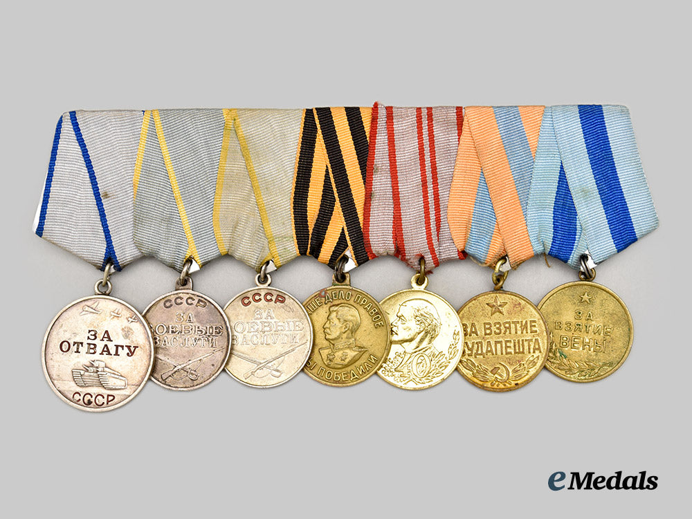 russia,_soviet_union._a_group_of_seven_medals_on_medal_bar_to_second_war_veteran___m_n_c1487