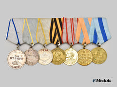 Russia, Soviet Union. A Group of Seven Medals on Medal Bar to Second War Veteran