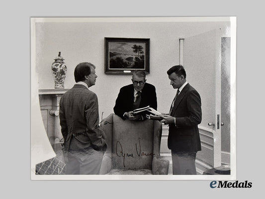 united_states._a_signed_photograph_of39th_american_president_jimmy_carter,_secretary_of_state_cyrus_vance_and_security_advisor_zbigniew_brzezinski___m_n_c1604